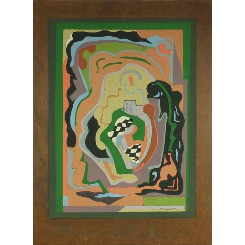 1026 - Unframed gouache onto board abstract composition, bearing a signature M.Jellett, mounted onto board,... 