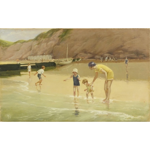 955 - Unframed oil onto canvas board view of children playing at the beach, bearing a monogram H.G? 41cm x... 