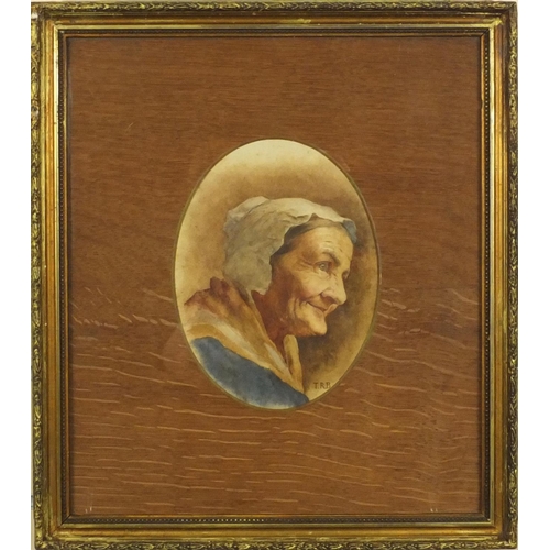 954 - Pair of Victorian oval watercolour portraits, one of a lady wearing a bonnet and one of a gentleman,... 