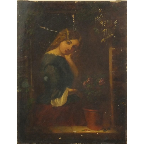 1012 - Unframed oil onto canvas view of a girl beside a pot of flowers, 40cm x 31cm