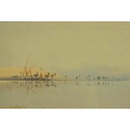 1015 - Watercolour view of a Middle Eastern river scene, indistinctly signed, J.J Patrickson frame makers l... 