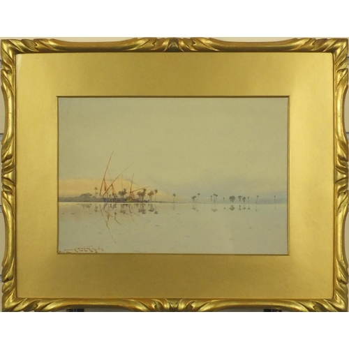 1015 - Watercolour view of a Middle Eastern river scene, indistinctly signed, J.J Patrickson frame makers l... 