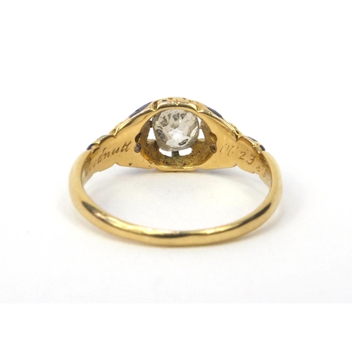 841 - Victorian 18ct gold enamelled diamond mourning ring, size O, engraved 1857, approximate weight 3.3g