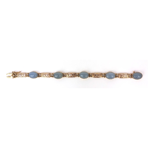 809 - 9ct gold cabochon blue agate bracelet, 20cm long, approximate weight 17.2g