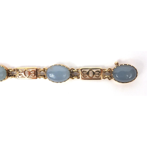 809 - 9ct gold cabochon blue agate bracelet, 20cm long, approximate weight 17.2g