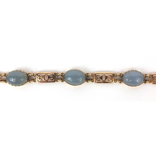 809 - 9ct gold cabochon blue agate bracelet, 20cm long, approximate weight 17.2g