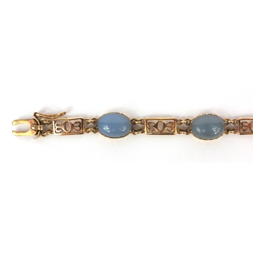 809 - 9ct gold cabochon blue agate bracelet, 20cm long, approximate weight 17.2g