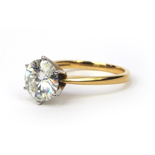 842 - 18ct gold large moissanite solitaire ring, size P, approximate weight 4.0g