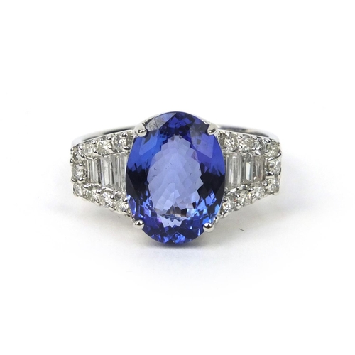 816 - 18ct white gold tanzanite and diamond ring, size N, approximate weight 5.2g