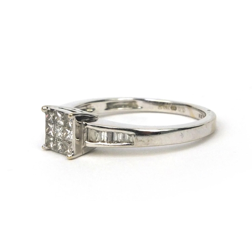 855 - 18ct white gold princess cut diamond cluster ring, size M, approximate weight 3.0g