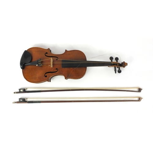 345 - Old wooden violin, the back stamped 'Hope', together with two bows wth mother of pearl frogs and a G... 