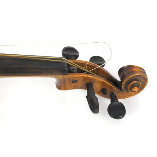 345 - Old wooden violin, the back stamped 'Hope', together with two bows wth mother of pearl frogs and a G... 