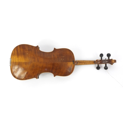 345 - Old wooden violin, the back stamped 'Hope', together with two bows wth mother of pearl frogs and a G... 