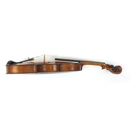 345 - Old wooden violin, the back stamped 'Hope', together with two bows wth mother of pearl frogs and a G... 