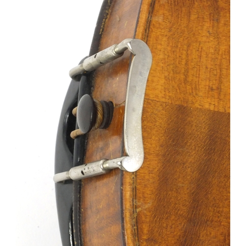 345 - Old wooden violin, the back stamped 'Hope', together with two bows wth mother of pearl frogs and a G... 