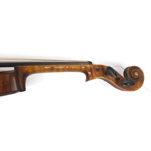 345 - Old wooden violin, the back stamped 'Hope', together with two bows wth mother of pearl frogs and a G... 