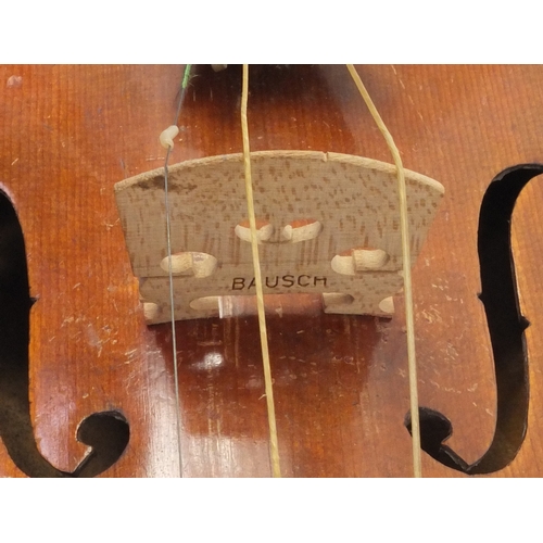 345 - Old wooden violin, the back stamped 'Hope', together with two bows wth mother of pearl frogs and a G... 