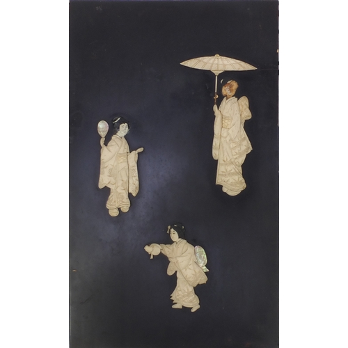 581 - Five Oriental lacquered panels with bone and mother of pearl relief decoration, including a pair of ... 