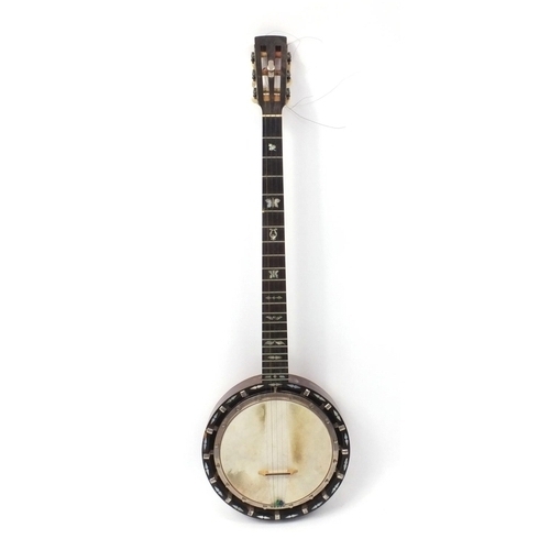 351 - W.E. Temlett of London five string banjo, model No6 with Mother of Pearl inlay, impressed marks and ... 