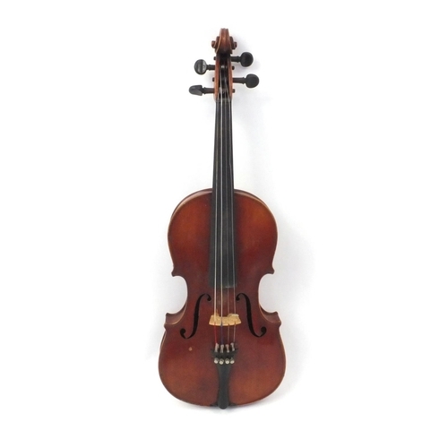 344 - Old wooden violin and carrying case, the violin 59cm high