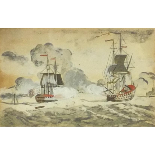 938 - E Banister - Gouache study of two battleships on a stormy sea, mounted and contemporary framed, 21cm... 