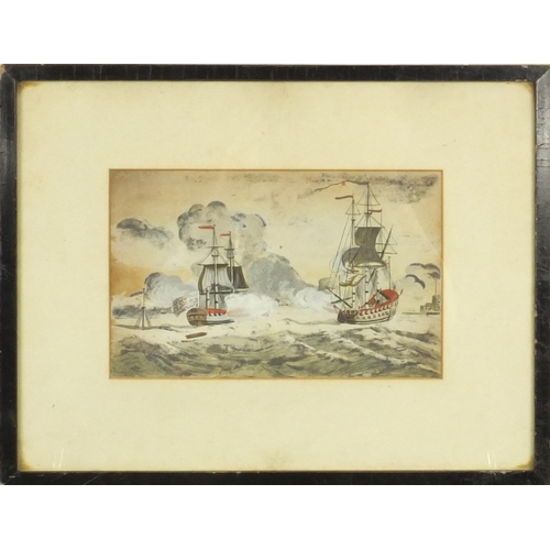 938 - E Banister - Gouache study of two battleships on a stormy sea, mounted and contemporary framed, 21cm... 
