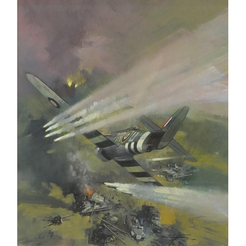 936 - Michael Turner - Military interest gouache of a Hawker Typhoon in action, mounted and contemporary f... 