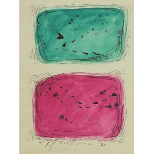 974 - After Fontana - Watercolour onto paper abstract composition of two squares, dated 50, mounted and fr... 
