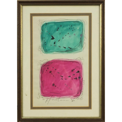 974 - After Fontana - Watercolour onto paper abstract composition of two squares, dated 50, mounted and fr... 