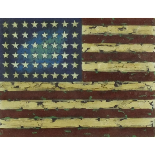 1010 - 20th century oil onto card view of an American (USA) flag, bearing an indistinct signature to the lo... 