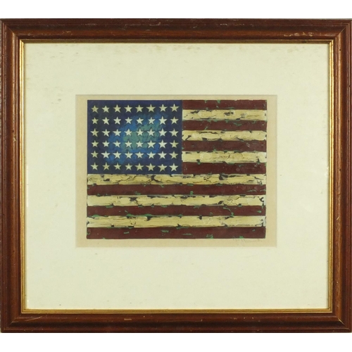 1010 - 20th century oil onto card view of an American (USA) flag, bearing an indistinct signature to the lo... 