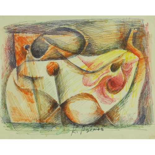 983 - Ink and watercolour onto paper abstract composition, bearing a signature K Rudanove, mounted and fra... 