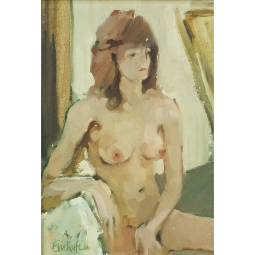 986 - Eric Rolfe - Oil onto canvas laid onto board view of a seated nude female, dated '86, framed, 31cm x... 