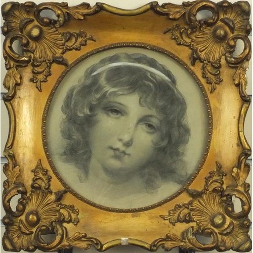 988 - 19th century pencil sketch of a girls head, ornately gilt framed, Sotheby's label to the reverse, 24... 