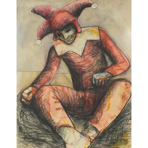 957 - Peter Nuttall - Ink and watercolour onto paper view of a seated jester, dated '67, mounted and frame... 