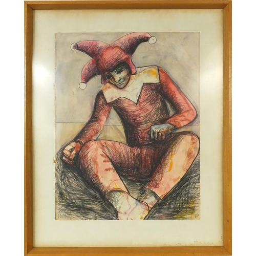 957 - Peter Nuttall - Ink and watercolour onto paper view of a seated jester, dated '67, mounted and frame... 