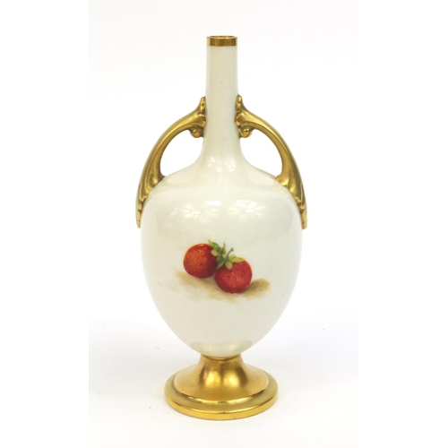 602 - Royal Worcester twin handled vase hand painted with fruit, signed, factory marks to the base numbere... 