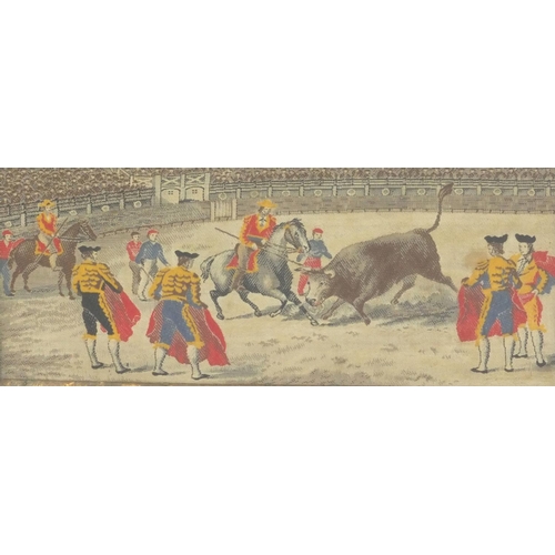 219 - The Spanish Bull Fight silk Stevenograph, mounted and framed, 13.5cm x 6cm excluding the mount and f... 