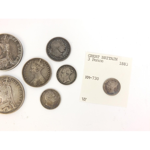 286 - Group of 19th century British silver coinage including 1849 gothic florin, 1934 six pence, two doubl... 