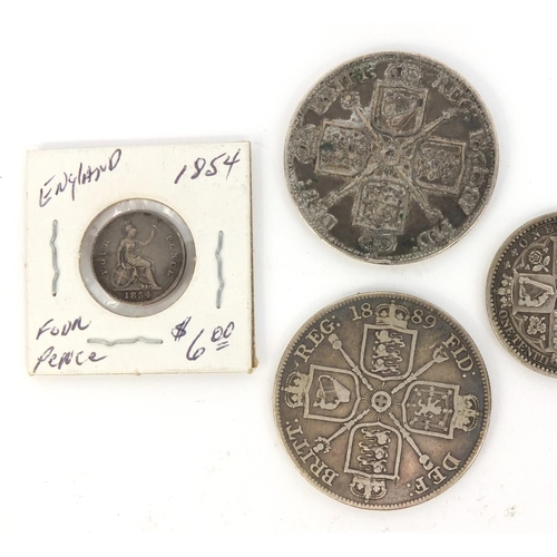 286 - Group of 19th century British silver coinage including 1849 gothic florin, 1934 six pence, two doubl... 