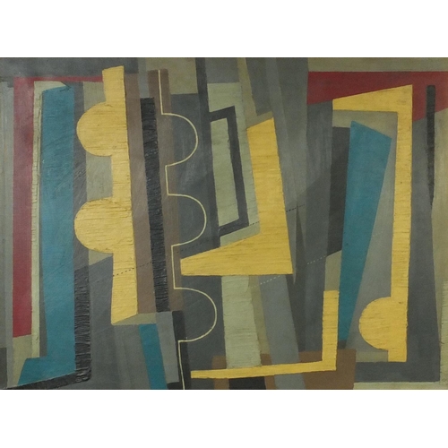 971 - Oil onto canvas abstract composition of geometric shapes, bearing an inscription to the reverse 'Fri... 