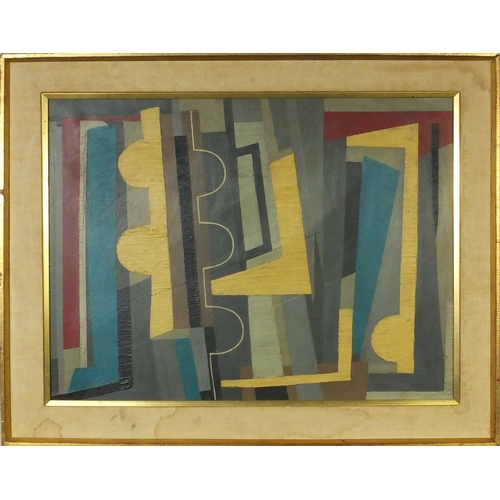 971 - Oil onto canvas abstract composition of geometric shapes, bearing an inscription to the reverse 'Fri... 