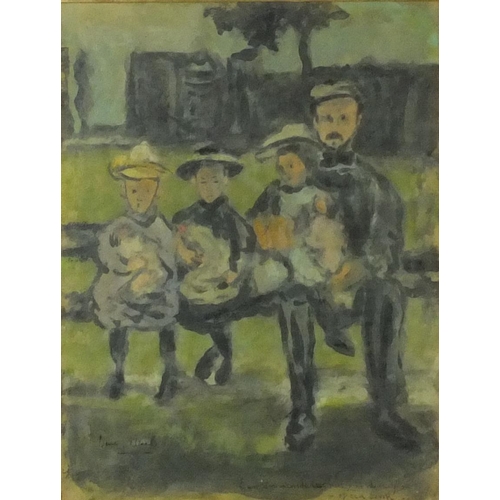 937 - Mixed media onto paper view of a man seated on a bench with three children, bearing an indistinct si... 