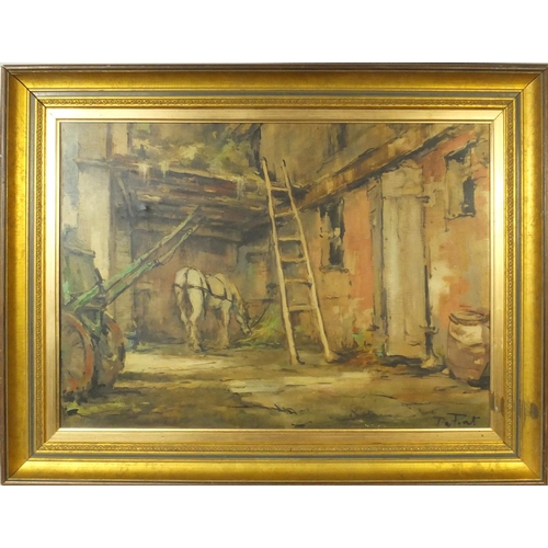 1013 - Oil onto canvas view of a horse in a barn, bearing a signature Da Pont, mounted and gilt framed, 66c... 