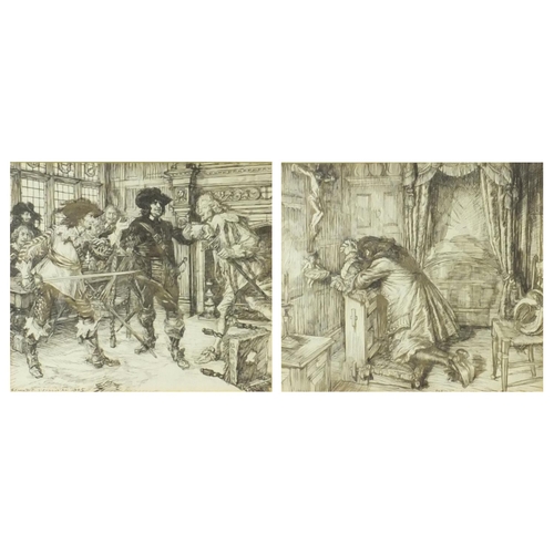 995 - Edmund Joseph Sullivan - Two pen and ink drawings one of a man knelt praying the other of figures wi... 