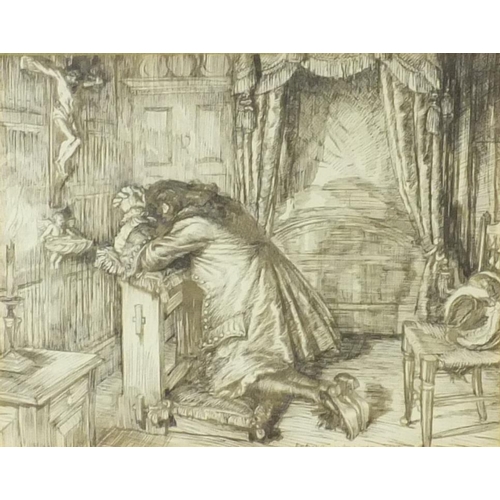 995 - Edmund Joseph Sullivan - Two pen and ink drawings one of a man knelt praying the other of figures wi... 