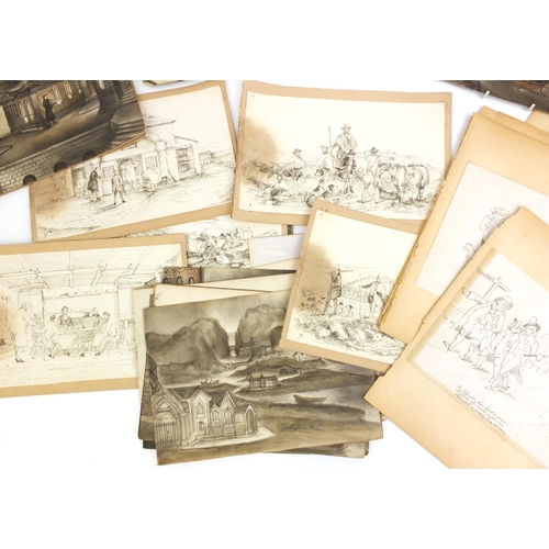 964 - Group of 19t century watercolours and ink sketches including some of industrial scenes, some comical... 