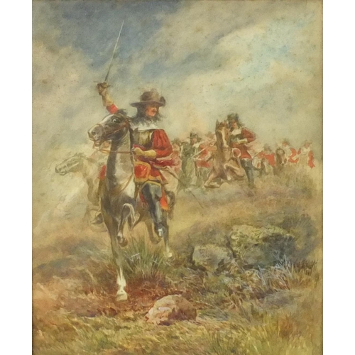 985 - Watercolour view of swordsmen on horsebacks, gilt framed, 30cm x 23cm excluding the frame