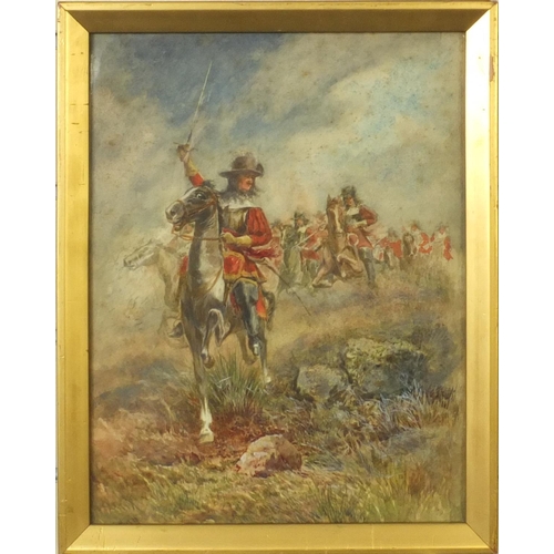 985 - Watercolour view of swordsmen on horsebacks, gilt framed, 30cm x 23cm excluding the frame