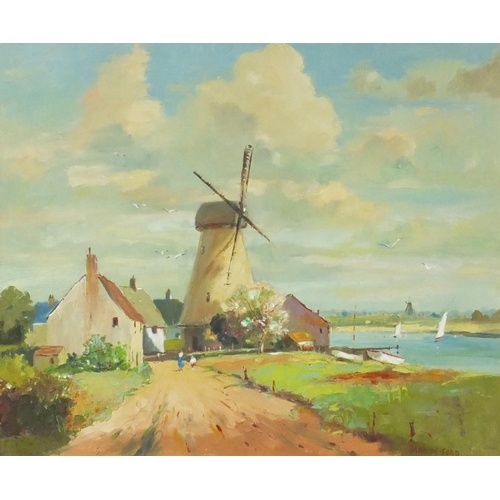 994 - Marcus Ford - Oil onto canvas laid onto board view of figures walking before a windmill, pine framed... 